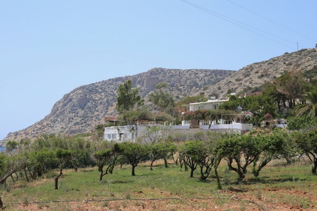 Retreat buildings set into the Karpathos landscape